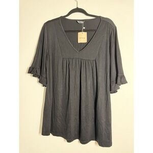 BloomChic Women's Black V-Neck Empire-Waist Top Ruffle Sleeve Plus US 14-16